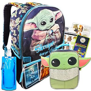 lot 1257 image: Baby Yoda Backpack with Lunch Box Set - Bundle with Baby Yoda Backpack, Baby Yoda Lunch Box, Water Bottle, Stickers, More  Star Wars Backpack Kids Retail $24.99