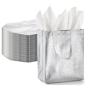 lot 1268 image: Elsjoy 40 Pack Glossy Reusable Grocery Bags, 10 x 8 Inch Non-woven Tote Shopping Bags with Handle, Silver Shiny Gift Bags Stylish Shopping Bags for Birthday, Wedding, Party, Business Retail $22.99