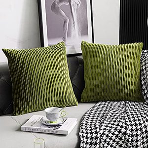 lot 1270 image: DEZENE 18x18 Moss Green Throw Pillow Cases 2 Pack Original Striped Velvet Square Decorative Pillow Covers for Farmhouse Couch Retail $18.79