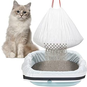 lot 1285 image: 56 Count Sifting Cat Litter Bags Jumbo Thick Cat Litter Box Liners with Holes Disposable Extra Large Cat Pan Liners with Drawstring Scratch Resistant Quick Clean for Kitty Litter Box,36 x 18 Inch Retail $32.99
