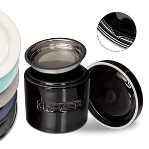lot 1291 image: Bacon Grease Oil Container Storage Can Keeper wStainless Strainer Paleo Keto Pour Spout Ceramic Porcelain Stoneware Fat Separator Filter BLACK Retail $24.96