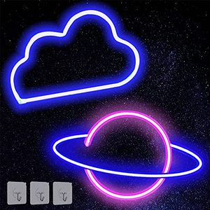 lot 1293 image: Werfeito 2 Pack Neon Signs, Planet and Cloud LED Neon Light Signs for Wall Decoration, USB or Battery Operated Led Neon Signs Retail $15.99