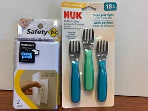 lot 1296 image: baby stuff NUK Kiddy Cutlery Forks, 3 Pack, 18 Months & Safety 1st - OutSmart�� Outlet Shield - White Retail $12.49