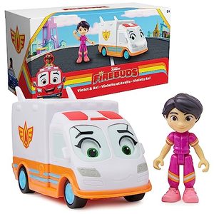 lot 1320 image: Disney Junior Firebuds, Violet and Axl, Action Figure and Ambulance Toy with Interactive Eye Movement, Kids Toys for Boys and Girls Ages 3 and up Retail $12.99