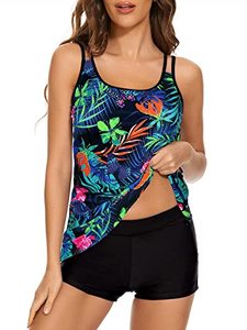 lot 1321 image: Womens Tankini Swimsuit Tummy Control Tank Top Floral Two Piece Bathing Suits with Boyshorts Swimwear Colorful Flower 14-16 Retail $19.26