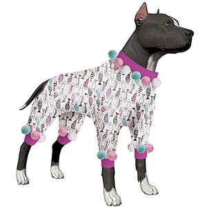 lot 1323 image: LovinPet Pet Pjs for Large Dogs, UV & Post Operative Protection, 4 Legged High Collar Dog Onesies, Lightweight Stretchable Ugly Fish White Prints Large Dog Pajamas as Base Shirt for Dog Dresses L Retail $18.16