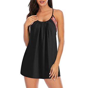 lot 1337 image: Zando 2 Piece Swimsuit for Women Modest Tankini Swim Suits with Shorts High Neck Bathing Suits Retro Tummy Control Halter Tankini Swimsuits Black Bathing Suits D Halter Dress Red Floral 10-12 Retail $26.27