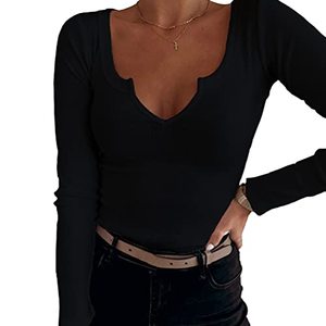 lot 1355 image: Women V Neck Ribbed Long Sleeve Shirt Fitted Basic Slim Knit Top Retail $23.99