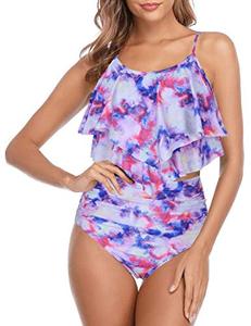 lot 1380 image: Mycoco Womens High Waisted Two Piece Swimsuit Flounce Bikini Set Double Ruffle Swimwear Purple&White Retail $21.01