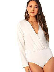 lot 1398 image: Womens Deep V Neck Long Sleeve Solid Wrap Surplice Bodysuit Black large Retail $24.96