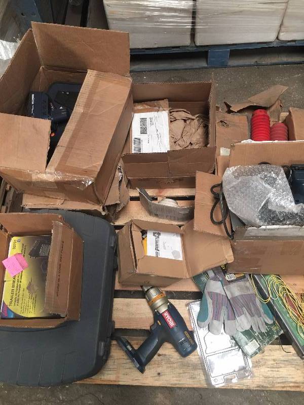 lot 1094 image: Assorted Ebay Returns - Power Drill, shocks, Balast, Tools, and Pair of Gloves