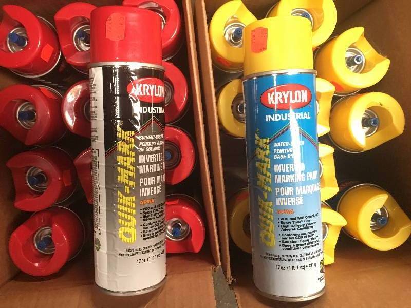 lot 1116 image: 48 Cans of Red and Yellow Marking Spray Paint
