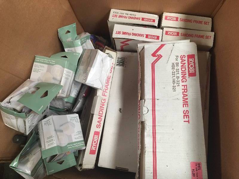 lot 1130 image: Mixed box of Vista cordless vac filters and Ryobi Sanding Frame sets