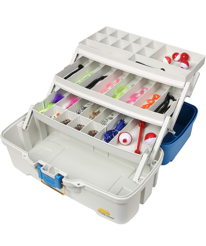 Plano Ready-Set-Fish 3-Tray Tackle Box with Tackle, Aqua Blue/Tan