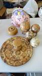 Decor plate, candle, matching globes, pottery vase, purse cookie jar.