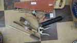 Hand tools, files, grease gun, saw w/case, battery tester, etc.