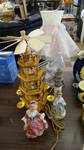 2 Vintage ceramic lamps & wood candle tower/music box & figurine.