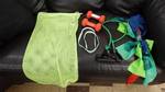 Lot of exercise bands, hands weights & carrying bag.