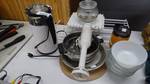 Large Lot Of Kitchen ware, Perculator, Whip, Grinder, Dishes.