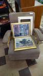 Vintage upholstered swivel rocker & 2 gold framed prints, hollow pedestal.