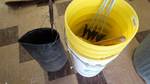 2 - 5 gal buckets, stake/supports, wood handles, set of static hinges.