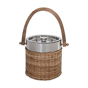 lot 15297 image: Creative Co-Op Stainless Steel and Woven Rattan Mango Wood Handle Ice Bucket, 7 L x 10 W x 7 H, Natural