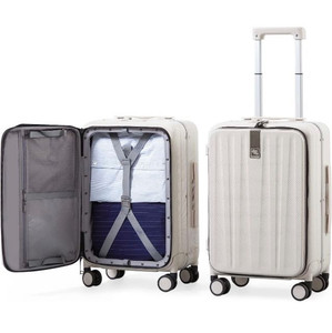 lot 15321 image: Hanke Carry On Luggage, Suitcase with Wheels & Front Opening, 20in Spinner Luggage Built in TSA Aluminum Frame PC Hardside Rolling Suitcases Travel Bag - Ivory white