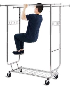 lot 15333 image: HOKEEPER Double Clothing Garment Rack with Shelves Capacity 600 lbs Clothing Racks on Wheels Rolling Clothes Rack for Hanging Clothes Heavy Duty Portable Collapsible Commercial Garment Rack Chrome
