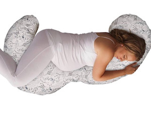 lot 15343 image: Boppy Total Body Pregnancy Pillow with Easy-on Removable Pillow Cover in Gray Scattered Leaves for Full-body Support, Body Pillow for Pregnancy and Postpartum Positioning
