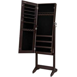 lot 15226 image: SONGMICS Jewelry Cabinet with Full-Length Mirror, Standing Large Storage Jewelry Armoire Organizer Lockable, Dark Brown UJJC69BR