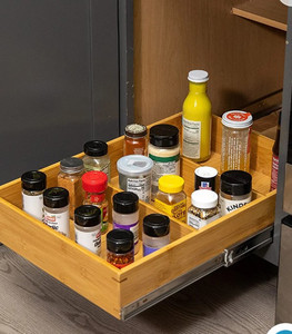 lot 15511 image: Pull Out Cabinet Drawer Organizer, Sliding Bamboo Wood Storage Rack Organization, Gliding Cupboard Shelf for Kitchen, Pantry, Slide Out Spice Rack Container Lid Organizer with Dividers, 15W x 21D