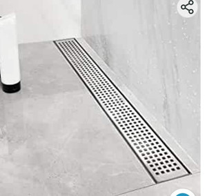 lot 15523 image: Neodrain 36-Inch Linear Shower Drain with Removable Quadrato Pattern Grate, Brushed 304 Stainless Steel Rectangle Shower Floor Drain, Linear Drain with Leveling Feet, Hair Strainer
