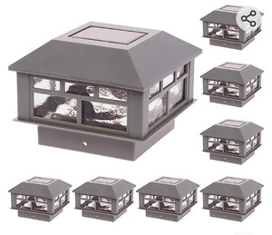 lot 15526 image: GreenLighting Modern Solar Post Cap Lights Fits 4x4 Wood, 4x4 &amp 5x5 PCVVinyl Outdoor Solar Powered Post Cap Light, Fence Post, Landscaping, Deck, Garden- Bright LED, Waterproof Grey, 4 Pack