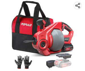 lot 15543 image: POPULO Electric Drain Auger 25Ft Plumbing Snake Drain Clog Remover Tools, Cordless Drain Cleaner for Toilet, Sewer, Bathroom, Sink and Shower 34-2 Pipes