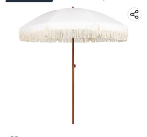 lot 15557 image: AMMSUN 7ft Patio Umbrella with Fringe Outdoor Tassel Umbrella UPF50 Premium Steel Pole and Ribs Push Button Tilt,White Cream