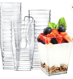 lot 15569 image: Eupako 100 Pack 5 oz Square Clear Plastic Dessert Cups with Plastic Spoons Small Clear Plastic Tumbler Cups