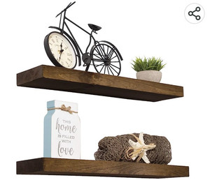 lot 15570 image: Imperative Dcor Floating Wall Shelves Set of 2 - Functional &amp Rustic Wooden Shelve for Home Furnishing, Bathroom, Kitchen, &amp Farmhouse - USA Handmade (Dark Walnut, 24-Inch-Long x 5.5 Inch Wide, CHIPPED (SEE PHOTOS)