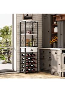 lot 15629 image: Homeiju Wine Rack, 4 Tier, 1 Fabric Drawer, 20 Bottle Rack, Rustic Brown, Retail $99.99&nbsp