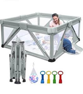 lot 15633 image: Heyo.Ja Foldable Playpen, Cold Gray, (Missing Accessories, ColorPattern May Differ, Used)