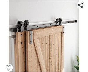lot 15668 image: SMARTSTANDARD 7.5 Feet Bypass Sliding Barn Door Hardware Kit - for Double Wooden Doors-Single Track - Smoothly & Quietly - Easy to Install-Fit 78 Opening