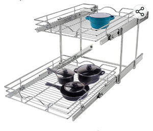 lot 15673 image: OCG 2 Tier Pull Out Cabinet Organizer (14 W x 21 D), Pull Out Drawers for Kitchen Cabinets, Pull Out Shelves for Base Cabinet Organization in Kitchen Bathroom Pantry, Chrome Finish
