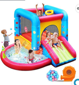 lot 15701 image: Step4Fun Inflatable Bounce House, Kids Castle Slide Bouncer for Children Jumping Outdoor and Indoor Party, Baby Backyard Water Jumper Toy with Blower, Ball Pit Pool, Ideal Gifts, 112 x 98 x 65&nbsp