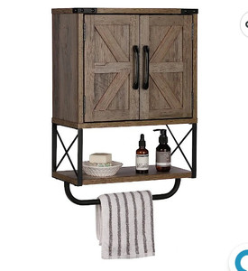 lot 15705 image: RUSTOWN Farmhouse Rustic Medicine Cabinet with Two Barn Door, Wood Wall Mounted Storage Cabinet with Adjustable Shelf and Towel Bar