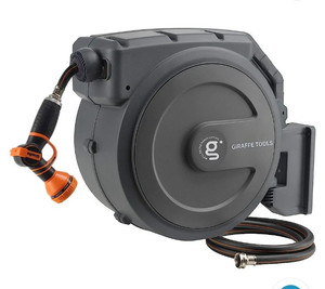 lot 15723 image: Giraffe Tools Retractable Garden Hose Reel 12 Inch x 130 ft, Super Heavy Duty, Any Length Lock, Slow Return System, Wall Mounted and 180 Deg Swivel Bracket