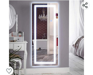 lot 15741 image: QiMH Vertical 47x22 Inch Wall Mounted LED Lighted Vanity Mirror with Aluminum Frame Backlit, 3 Colors Dimmable Light, Bedroom and Bathroom Hanging Rectangle Whole Body Mirror