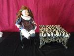 Cast Iron Chair, Ottoman and Porcelain Doll