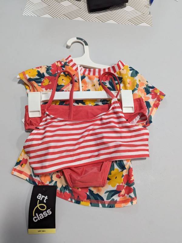 lot 21006 image: GIRLS- M(7-8). 3 Piece Swimsuit Set. Pink StripeFloral