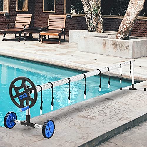 Usinso Solar Cover Reels for Inground Swimming Pool Swinming Pool Cover Reel  Set Above Ground Pool Stainless Steel Solar Reel (14FT, Blue)