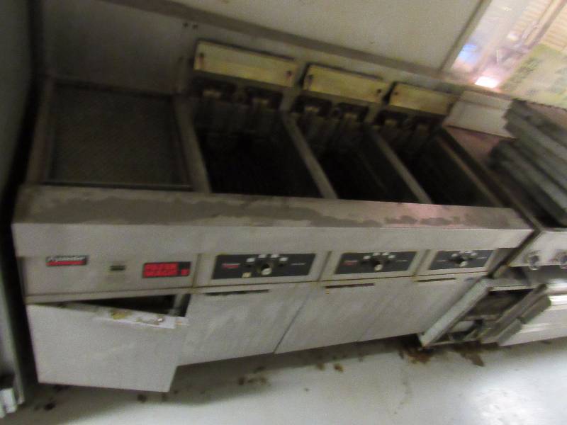 lot 1597 image: FryMaster (3) Bay Electric Deep Fryer With Dump Station
