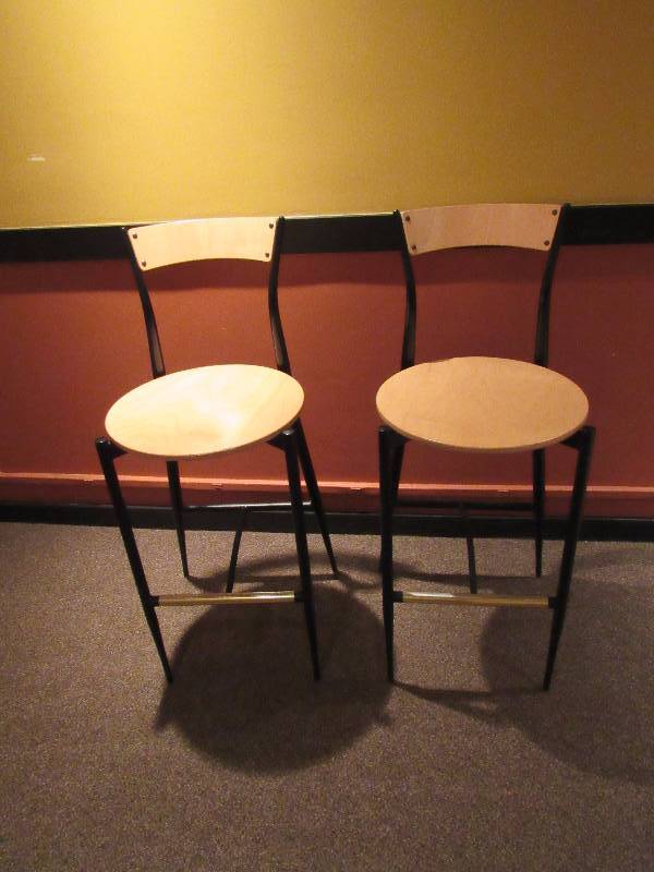 lot 1779 image: Pair Of Bar Height Metal Framed Chairs With Wooden Seats And Backs